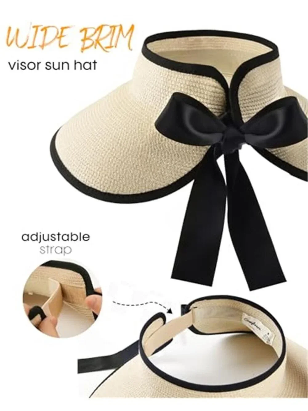 Sun Visors for Women Wide Brim Beach Hat Foldable Straw Visor Hat Ponytail